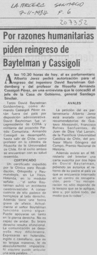 Por razones humanitarias piden reingreso de Baytelman y Cassígoli