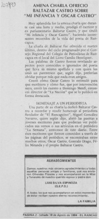 Amena charla ofrecio Baltazar Castro sobre "Mi infancia y Oscar Castro"