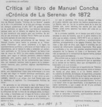 Crítica al libro de Manuel Concha "Crónica de La Serena" de 1872
