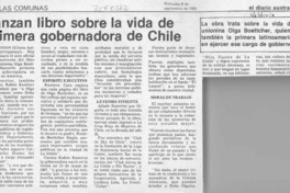 Lanzan libro sobre la vida de primera gobernadora de Chile  [artículo] Eliana Azócar.