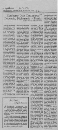Humberto Díaz Casanueva, docencia, diplomacia y poesía  [artículo] Darío de la Fuente Durán.