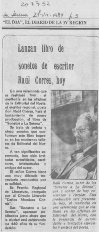 Lanzan libro de sonetos de escritor Raúl Correa, hoy