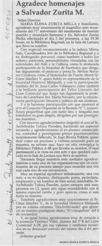 Agradece homenajes a Salvador Zurita M.  [artículo] María Elena Zurita Mella.