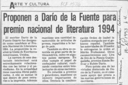 Proponen a Darío de la Fuente para Premio Nacional de Literatura 1994  [artículo].