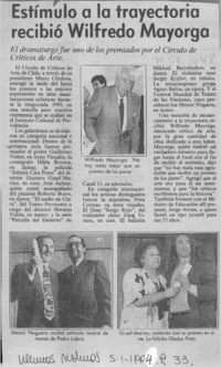 Estímulo a la trayectoria recibió Wilfredo Mayorga  [artículo].