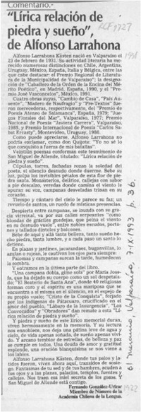 "Lírica relación de piedra y sueño", de Alfonso Larrahona  [artículo] Fernando González-Urízar.
