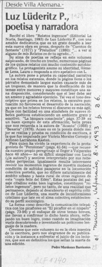 Luz Lüderitz P., poetisa y narradora  [artículo] Pedro Mardones Barrientos.