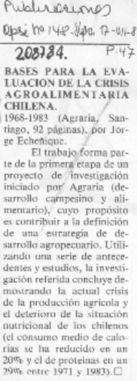 "Bases para la evaluación de la crisis agroalimentaria chilena