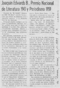 Joaquín Edwards B., Premio Nacional de Literatura 1943 y Periodismo 1959