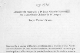 Discurso de recepción a D. Juan Antonio Massone en la Academia Chilena de la Lengua  [artículo] Roque Esteban Scarpa.