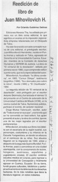 Reedición de un libro de Juan Mihovilovich H.