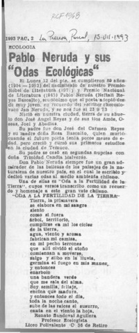 Pablo Neruda y sus "Odas ecológicas"  [artículo].