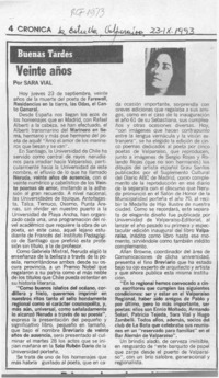 Veinte años  [artículo] Sara Vial.