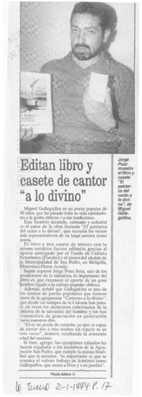 Editan libro y casete de cantor "a lo divino"  [artículo] Paula Alfaro V.