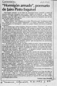 "Hormigón armado", poemario de Jairo Pinto Esquivel  [artículo]Germán López Droguett.