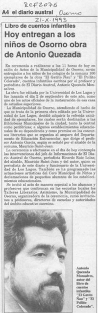 Hoy se entrega a los niños de Osorno obra de Antonio Quezada  [artículo].