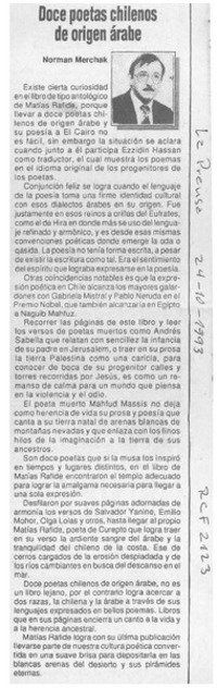 Doce poetas chilenos de origen árabe  [artículo] Norman Merchak.