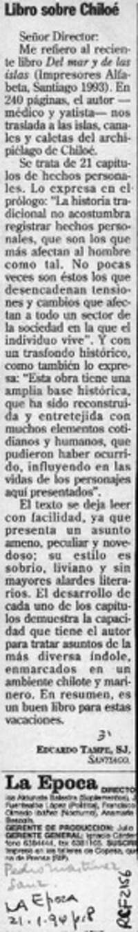 Libro sobre Chiloé  [artículo] Eduardo Tampe.
