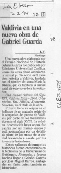 Valdivia en una nueva obra de Gabriel Guarda  [artículo].