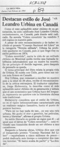 Destacan libro de Jose Leandro Urbina en Canadá  [artículo].