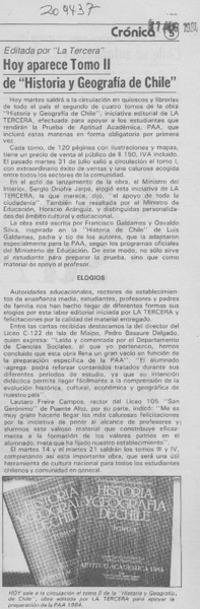 Hoy aparece tomo II de "Historia y geografía de Chile"