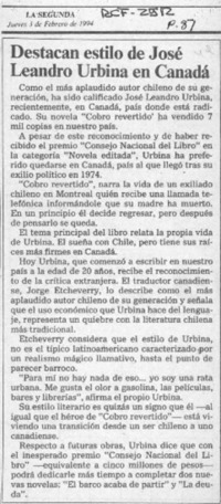 Destacan estilo de José Leandro Urbina en Canadá  [artículo].