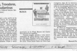 De juglares, trovadores, tunos y estudiantinas  [artículo] Manuel Peña Muñoz.