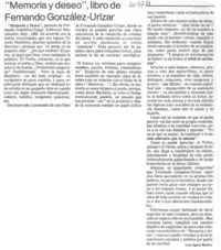 "Memoria y deseo", libro de Fernando González-Urízar