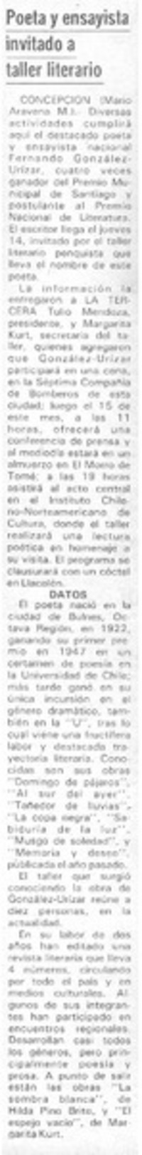 Poeta y ensayista invitado a taller literario