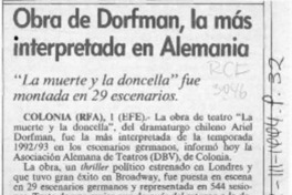 Obra de Dorfman, la más interpretada en Alemania  [artículo].