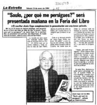 "Saulo, por qué me persigues?" será presentada mañana en la Feria del Libro  [artículo].