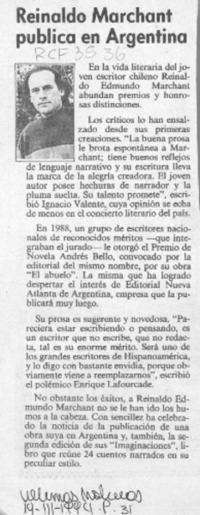 Reinaldo Marchant publica en Argentina  [artículo].