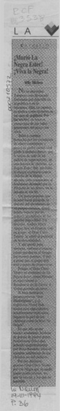 Murió la negra Ester! viva la negra!  [artículo] Willy Nikoforos.