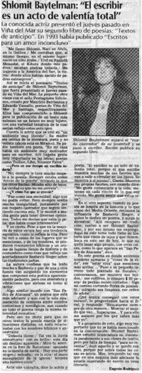 Shlomit Baytelman, "El escribir es un acto de valentía total"