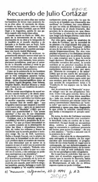 Recuerdo de Julio Cortázar  [artículo] Lautaro Robles.