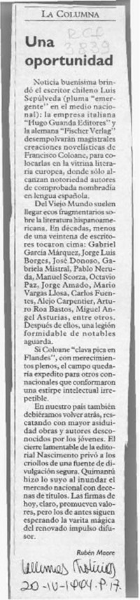 Una oportunidad  [artículo] Rubén Moore.