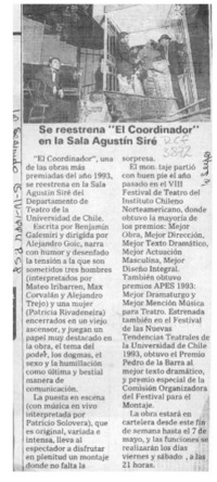 Se reestrena "El Coordinador" en la Sala Agustín Siré  [artículo].