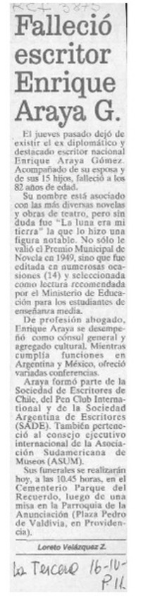 Falleció escritor Enrique Araya G.  [artículo] Loreto Velásquez Z.