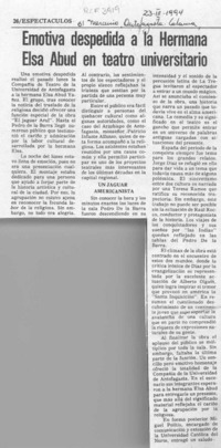 Emotiva despedida a la Hermana Elsa Abud en teatro universitario  [artículo].