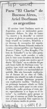 Para "El Clarín" de Buenoa Aires, Ariel Dorfman es argentino  [artículo].