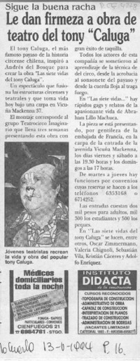 Le dan firmeza a obra de teatro del tony "Caluga"  [artículo].