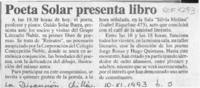 Poeta Solar presenta libro  [artículo].