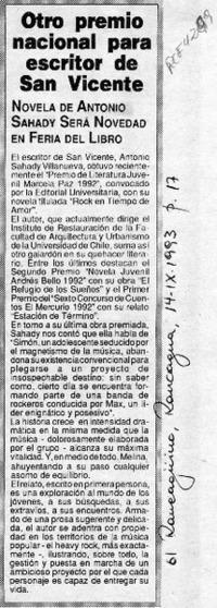 Otro premio nacional para escritor de San Vicente  [artículo].