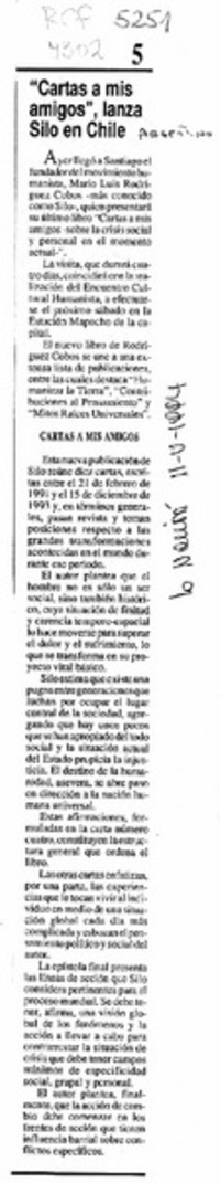 "Cartas a mis amigos", lanza Silo en Chile  [artículo].