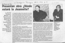 Presentan obra "Dónde estará la Jeannette?"  [artículo].