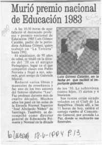 Murió Premio Nacional de Educación 1983  [artículo].