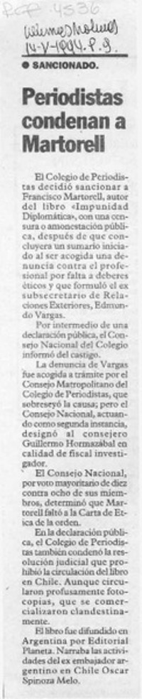 Periodistas condenan a Martorell  [artículo].