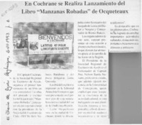 En Cochrane se realiza lanzamiento del libro "Manzanas robadas" de Ocqueteaux  [artículo].