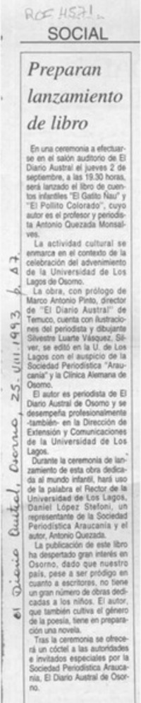 Preparan lanzamiento de libro  [artículo].