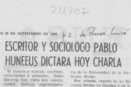 Escritor y Sociólogo Pablo Huneeus dictará hoy charla